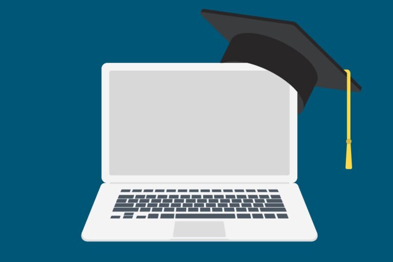 Illustration of a laptop computer w/ a graduation cap on the corner.